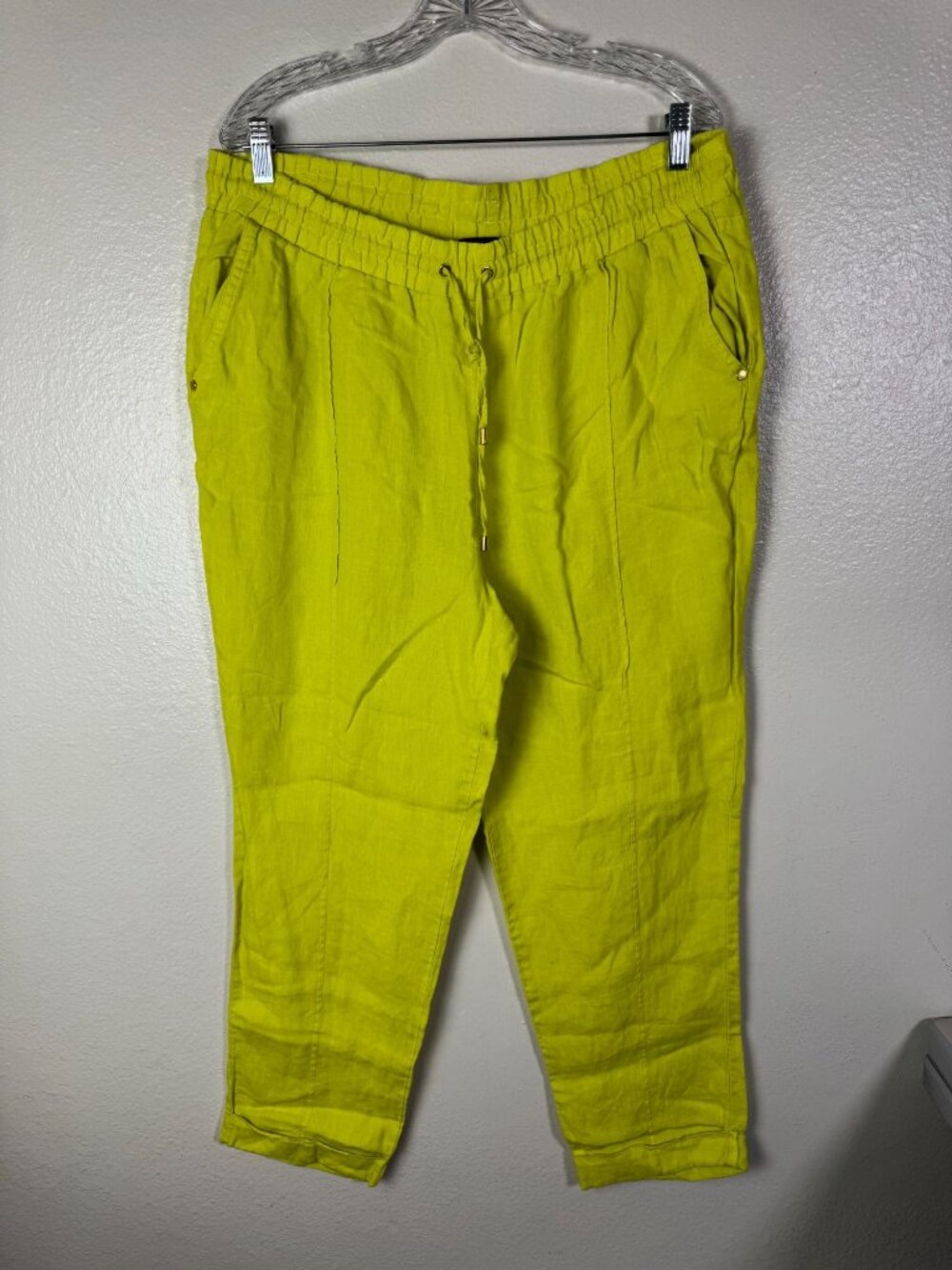 Ellen Tracy Women Lime Green 100% Linen Elastic Waist Pants Size Large Lagenlook - Picture 15 of 15